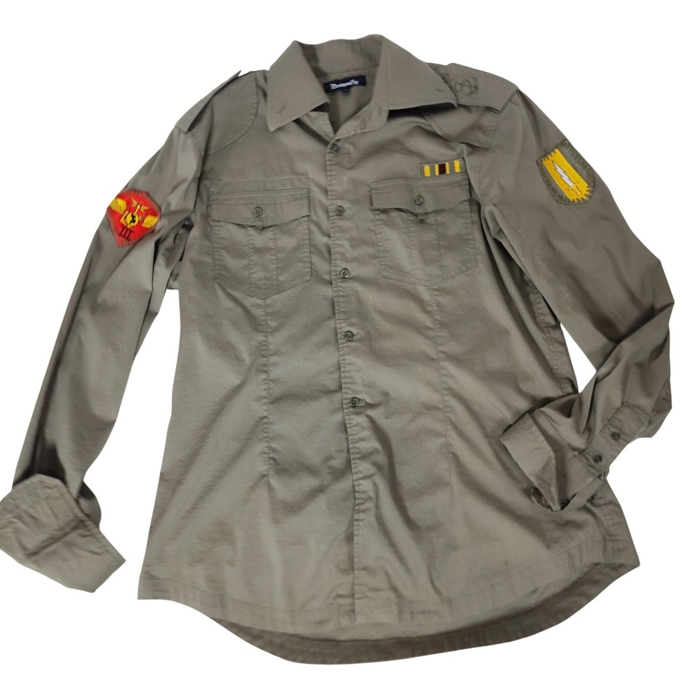 Dragonfly‎ Mens Military Style Button Down Shirt Khaki Olive Patches Size L WL50